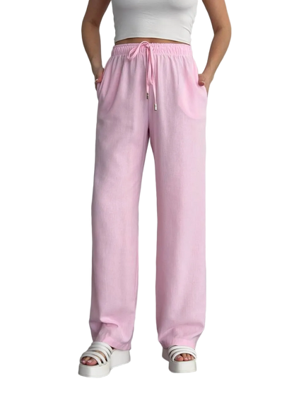 Pink Linen Wide Leg Trousers Women Drawstring Pockets