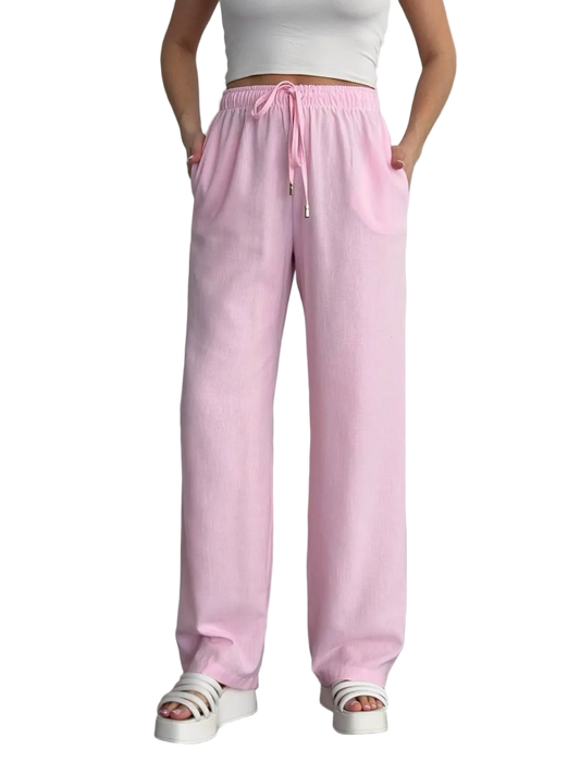 Pink Linen Wide Leg Trousers Women Drawstring Pockets