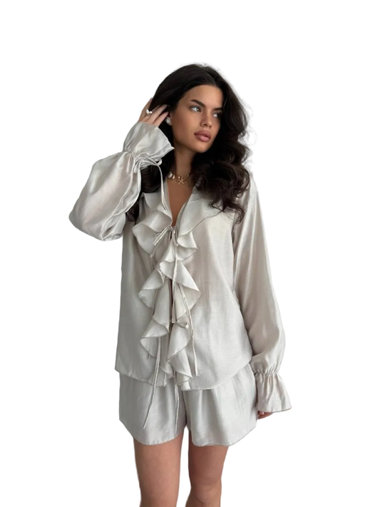 Women Tencel Ruffle Blouse and Elastic Waist Shorts Set Lightweight Breathable Two Piece Loungewear