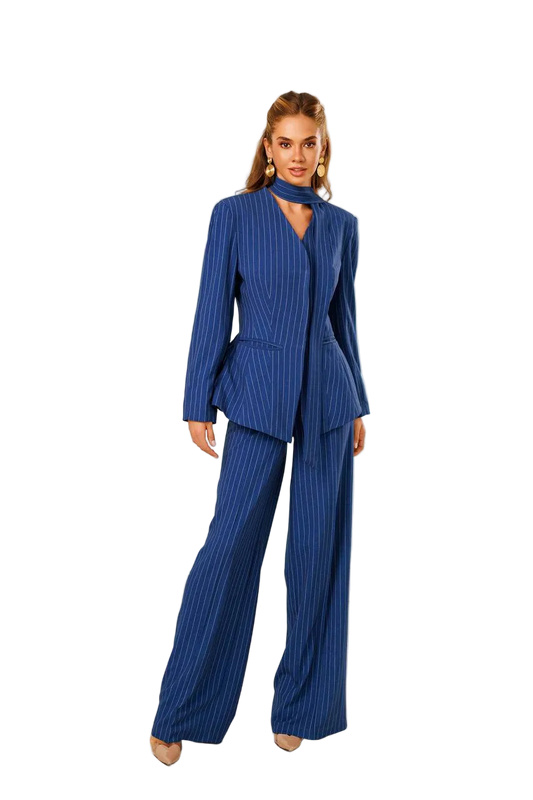 Womens Blue Pinstripe Tailored Suit Blazer and Wide Leg Pants