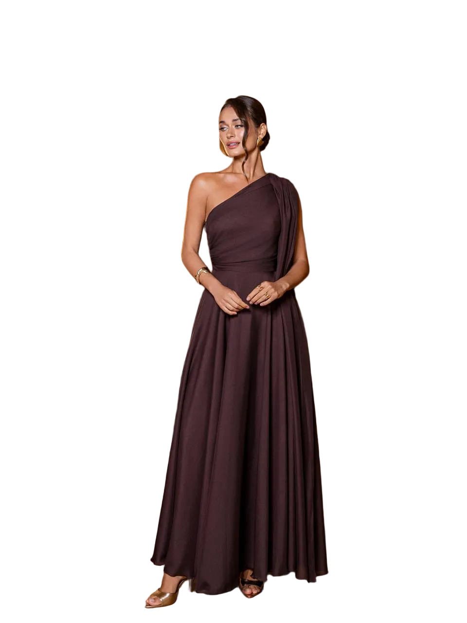 Chocolate Brown Chiffon One Shoulder Evening Dress Floor Length Formal Gown