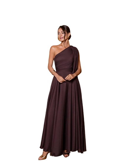 Chocolate Brown Chiffon One Shoulder Evening Dress Floor Length Formal Gown