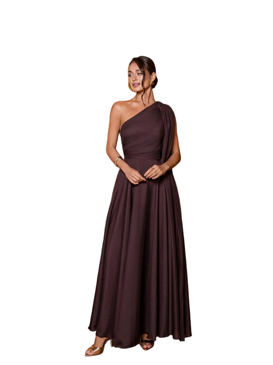 Chocolate Brown Chiffon One Shoulder Evening Dress Floor Length Formal Gown