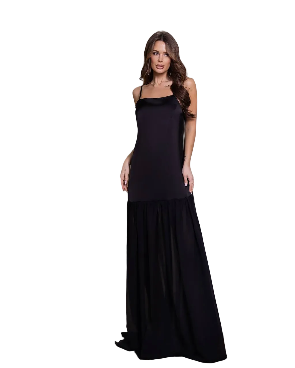 Black Satin Chiffon Maxi Dress Spaghetti Strap Elegant Evening Gown
