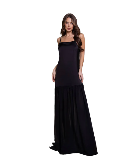 Black Satin Chiffon Maxi Dress Spaghetti Strap Elegant Evening Gown