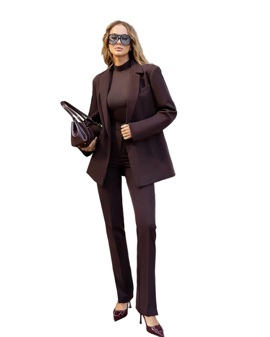 Womens Chocolate Brown Tailored Suit Blazer and Split Hem Trousers Premium Diagonal Suiting Crepe