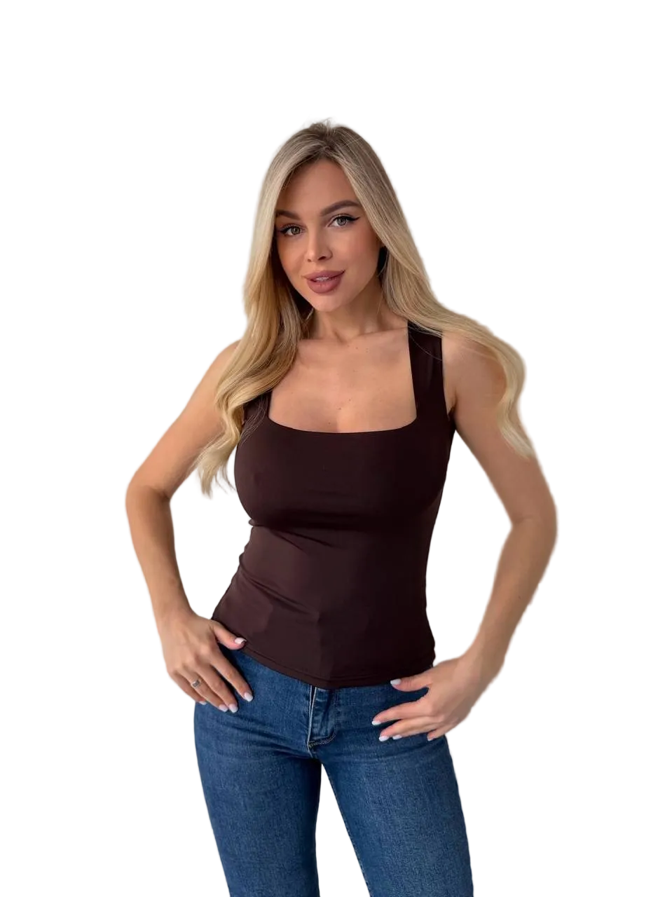 Women Brown Square Neck Tank Top Basic Fitted Sleeveless Top