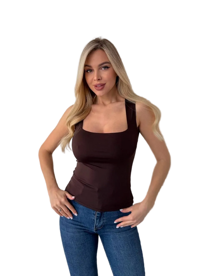 Women Brown Square Neck Tank Top Basic Fitted Sleeveless Top