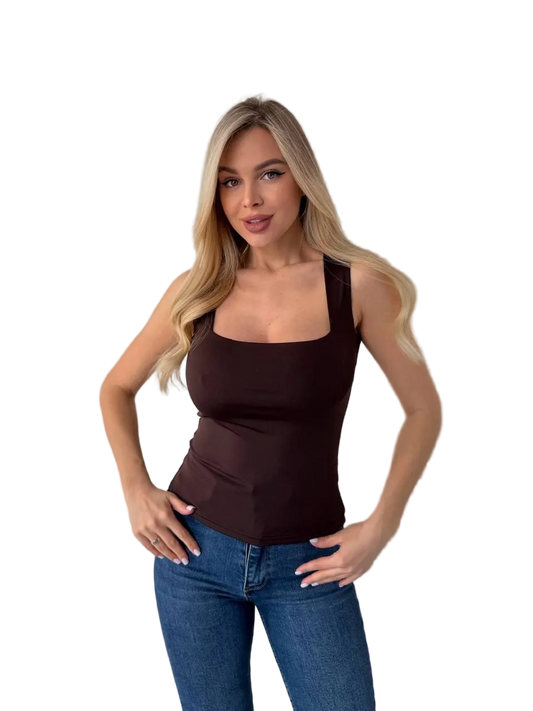 Women Brown Square Neck Tank Top Basic Fitted Sleeveless Top