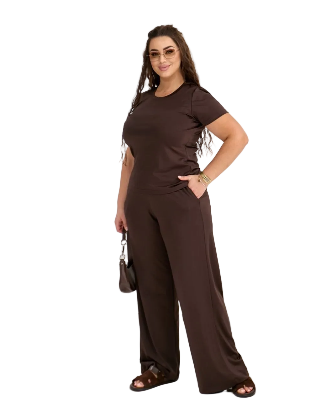 Plus Size Brown Women Tracksuit Set Microdiving T Shirt and Wide Leg Pants