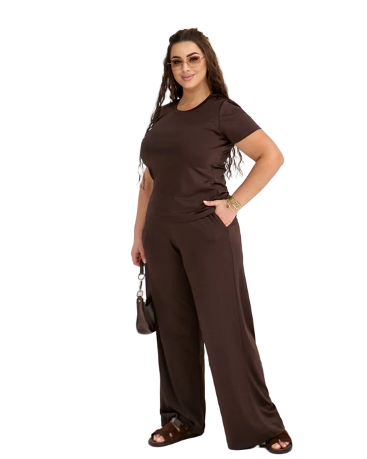 Plus Size Brown Women Tracksuit Set Microdiving T Shirt and Wide Leg Pants