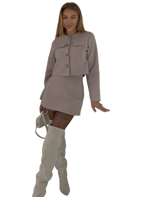 Textured Tweed Two Piece Suit Women Cropped Jacket Mini Skirt