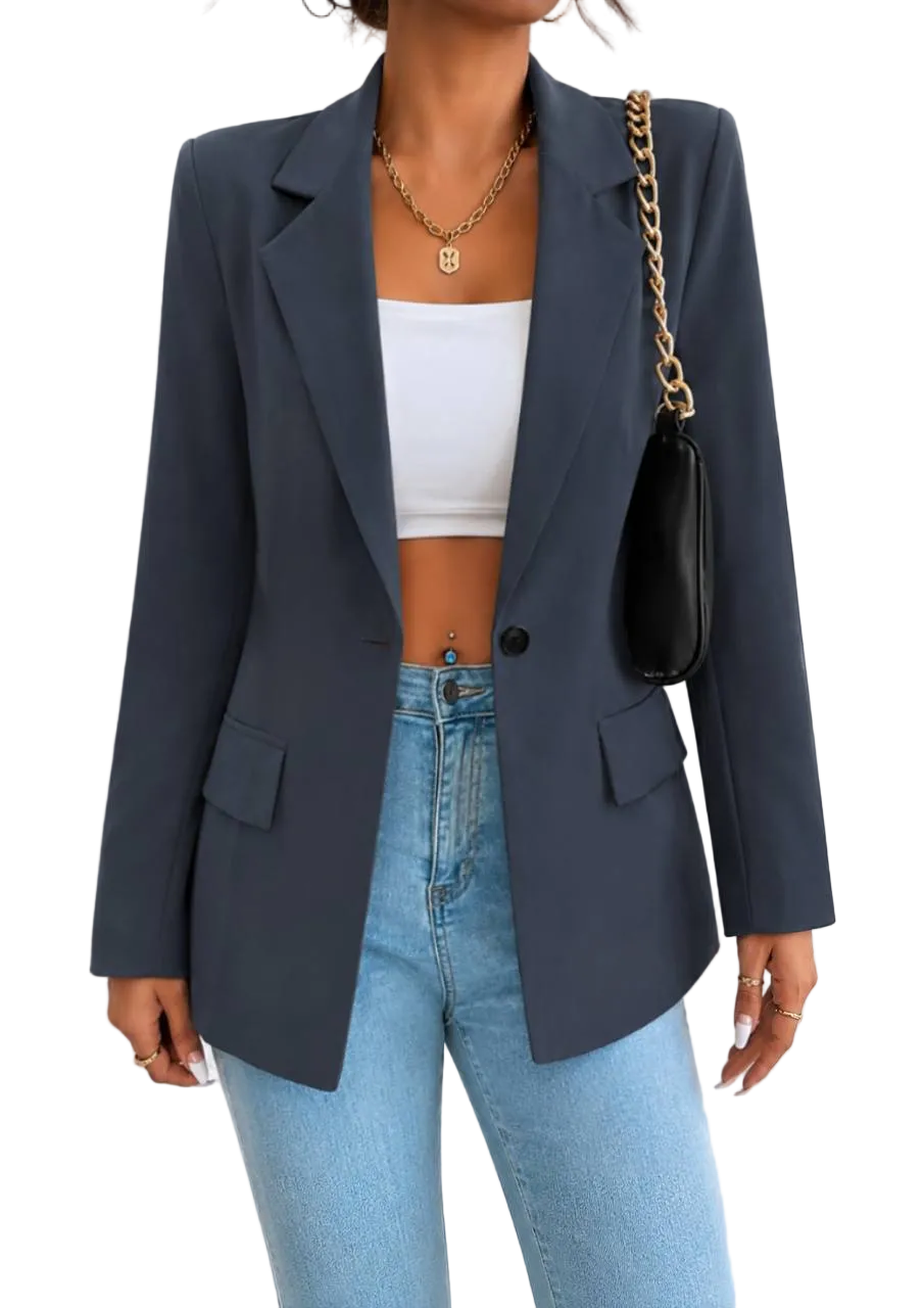 Womens Classic Lined Charcoal Blazer Tailored One Button Jacket