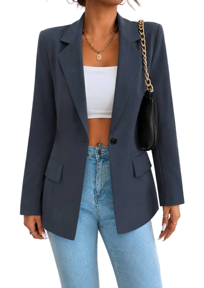 Womens Classic Lined Charcoal Blazer Tailored One Button Jacket