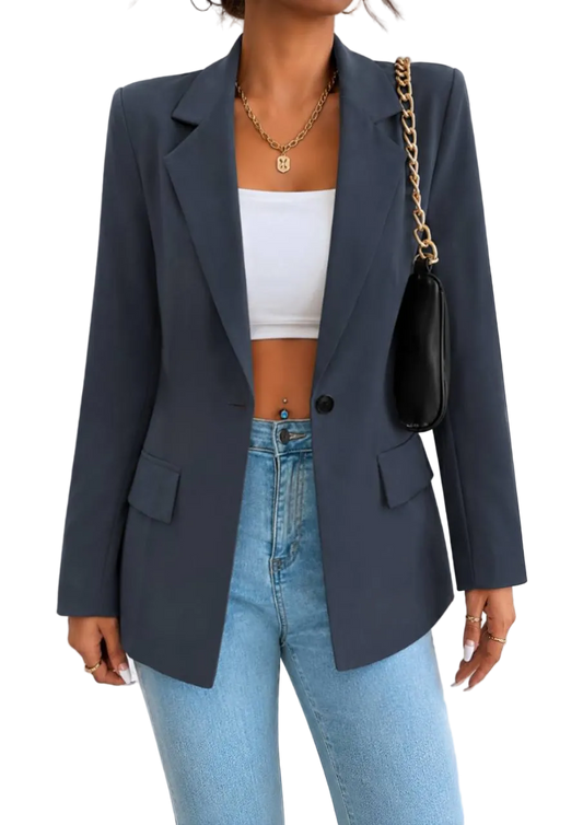Womens Classic Lined Charcoal Blazer Tailored One Button Jacket