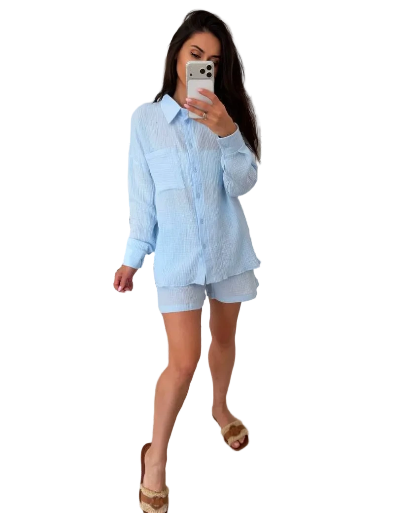 Womens Muslin Two Piece Set Shirt and Shorts Light Blue Summer Loungewear