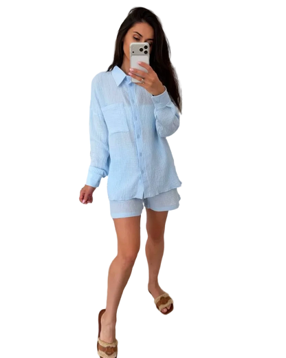 Womens Muslin Two Piece Set Shirt and Shorts Light Blue Summer Loungewear