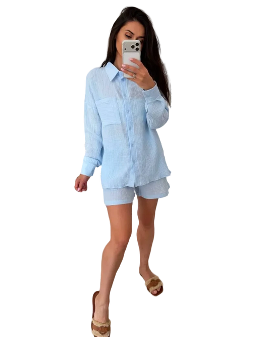 Womens Muslin Two Piece Set Shirt and Shorts Light Blue Summer Loungewear