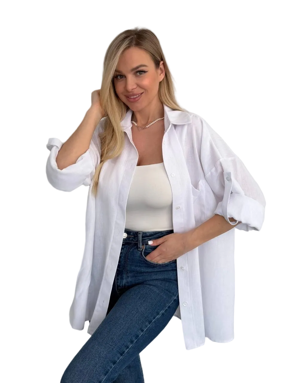 White Oversized Linen Shirt Women Loose Button Down