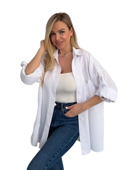 White Oversized Linen Shirt Women Loose Button Down