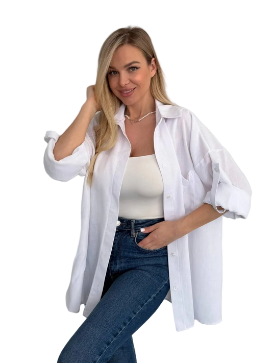 White Oversized Linen Shirt Women Loose Button Down