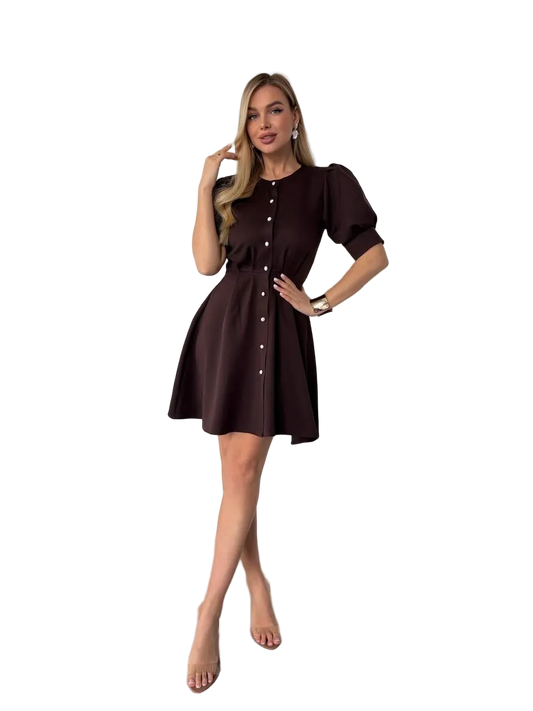Elegant Dark Brown Puff Sleeve Button Front A Line Dress Women Suit Fabric