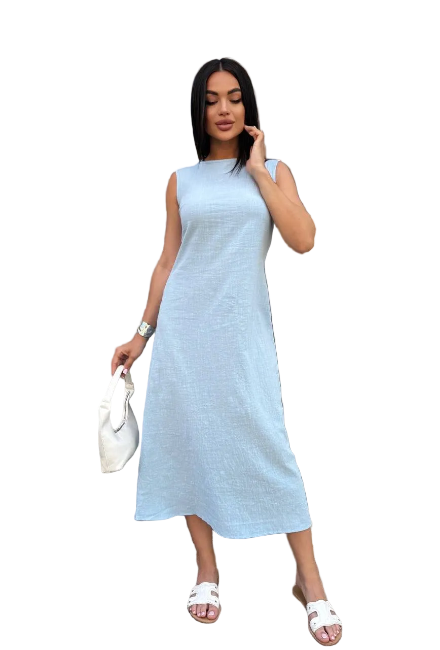 Crinkled Linen Sleeveless Midi Dress Cafe Lightweight Breathable Summer Dress