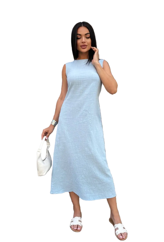 Crinkled Linen Sleeveless Midi Dress Cafe Lightweight Breathable Summer Dress