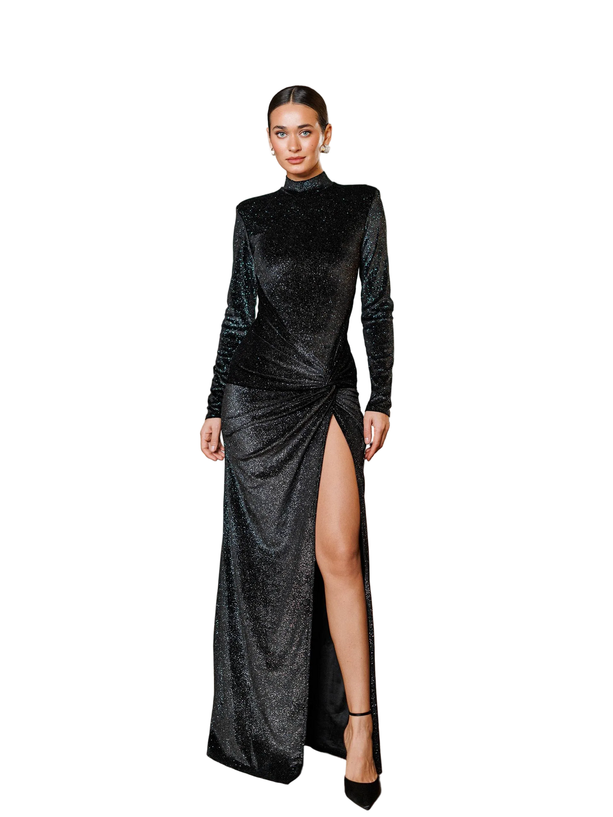 Black Shimmer Velvet Evening Dress High Slit Long Sleeve Formal Gown