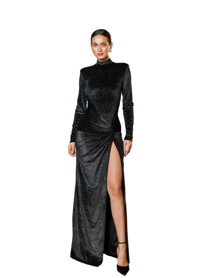 Black Shimmer Velvet Evening Dress High Slit Long Sleeve Formal Gown