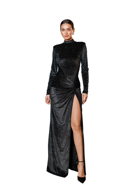 Black Shimmer Velvet Evening Dress High Slit Long Sleeve Formal Gown