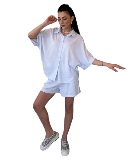 White Linen Two Piece Set Women Summer Casual Suit With Shorts And Shirt