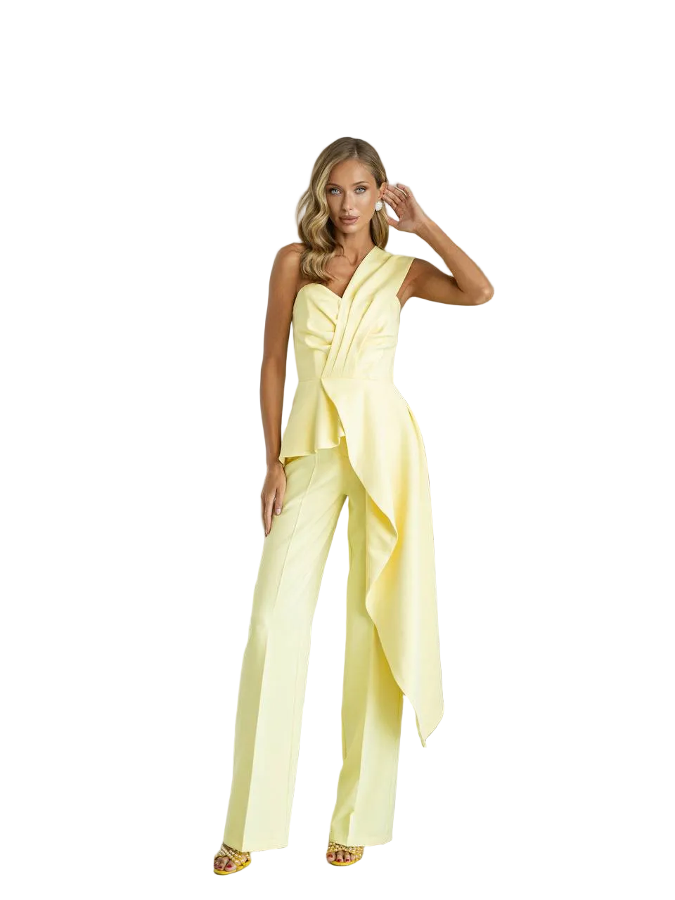 Basque Peplum Top and Wide Leg Trousers Set Premium Diagonal Crepe Evening Pantsuit