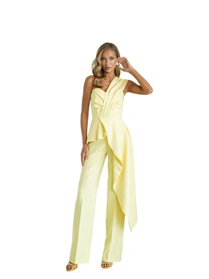 Basque Peplum Top and Wide Leg Trousers Set Premium Diagonal Crepe Evening Pantsuit