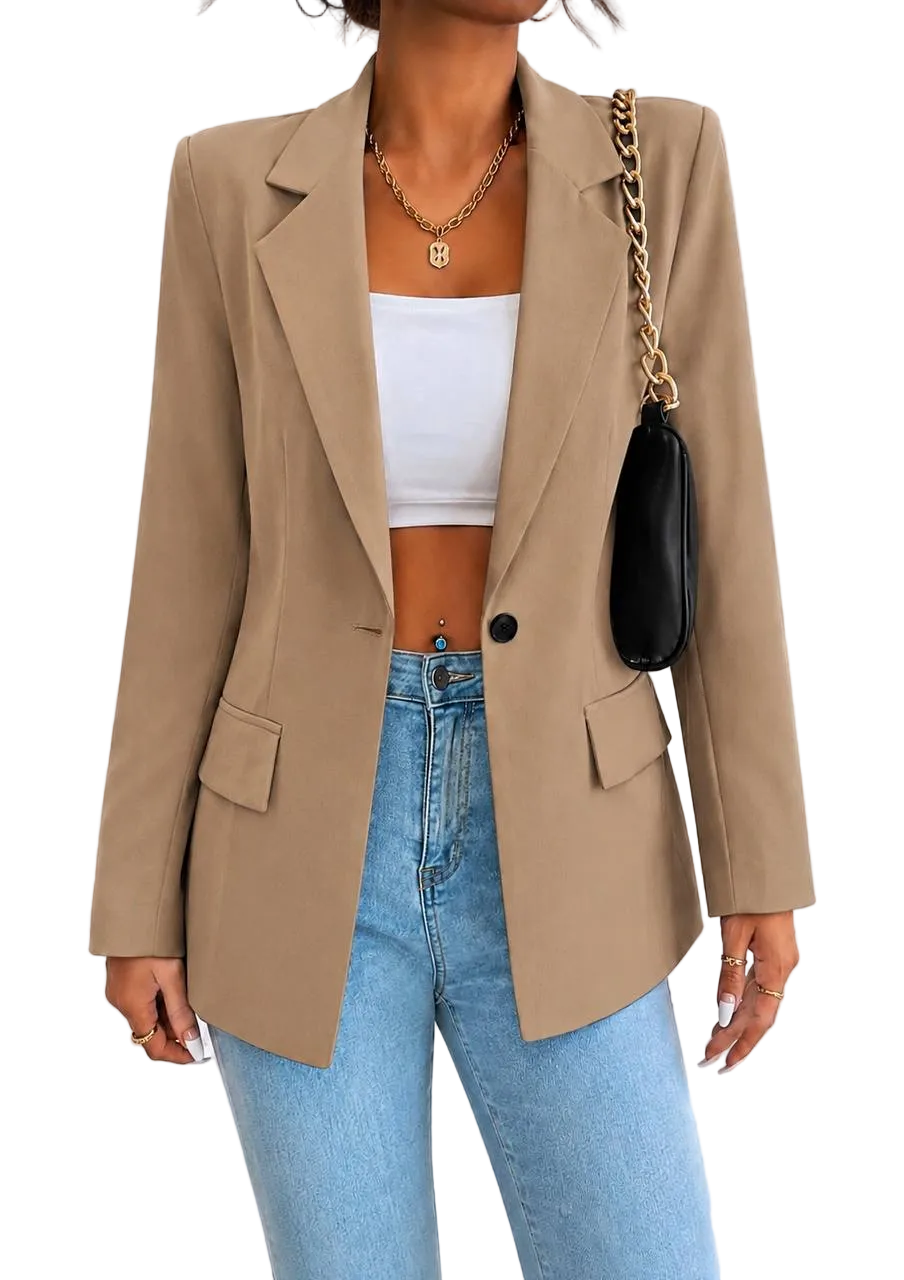 Womens Classic Lined Beige Blazer Tailored Single Button