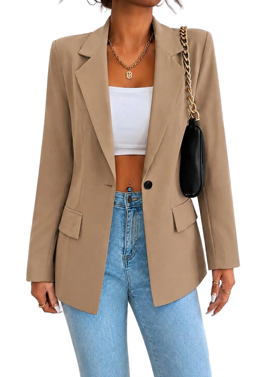 Womens Classic Lined Beige Blazer Tailored Single Button