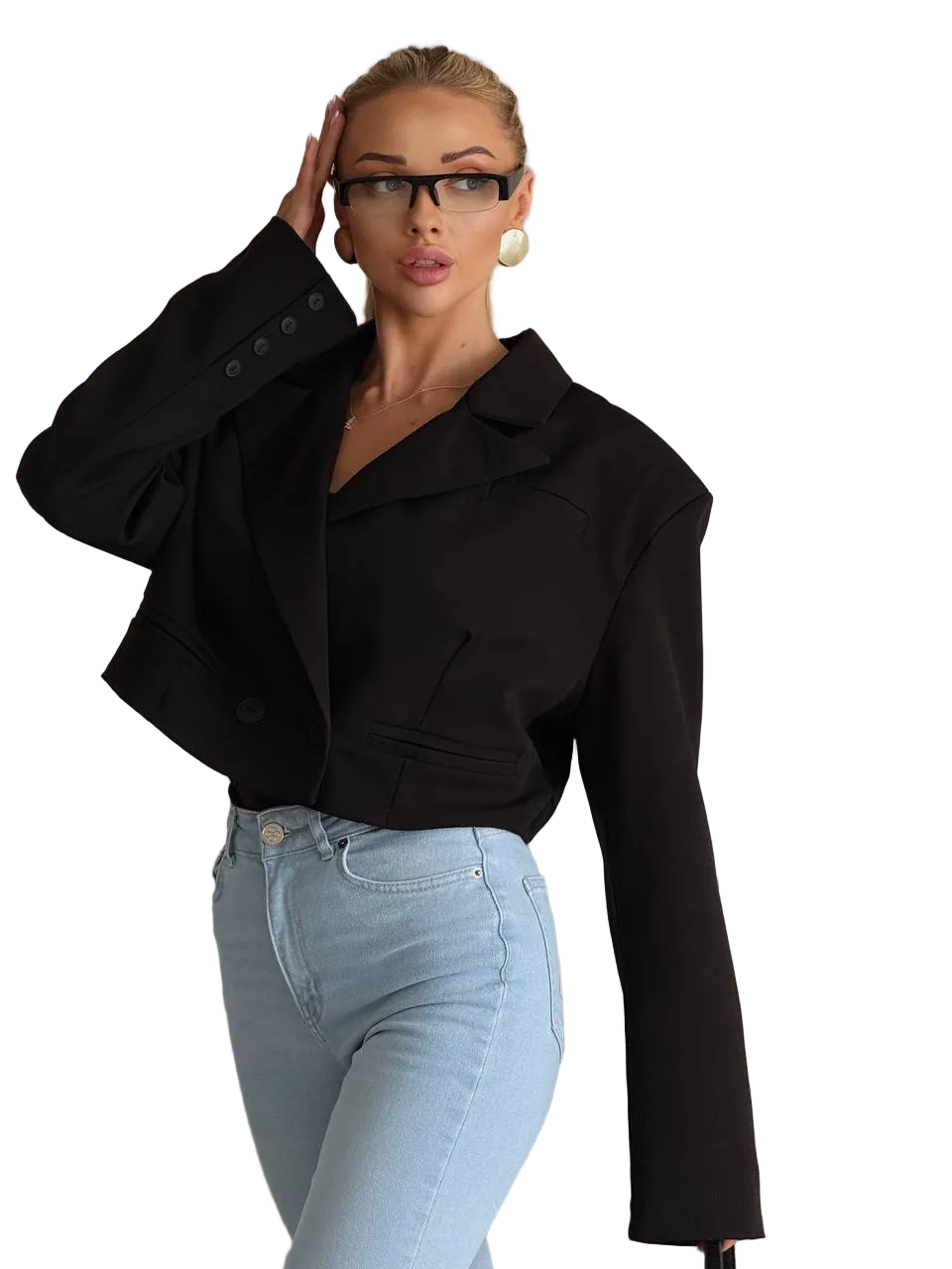 Cropped Black Womens Blazer Jacket with Structured Shoulders