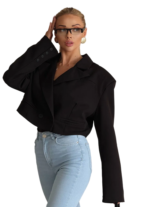 Cropped Black Womens Blazer Jacket with Structured Shoulders