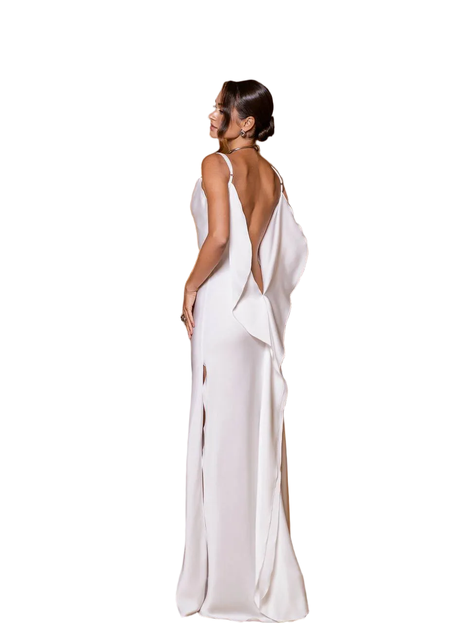Ivory Royal Satin Backless Evening Dress Draped Train