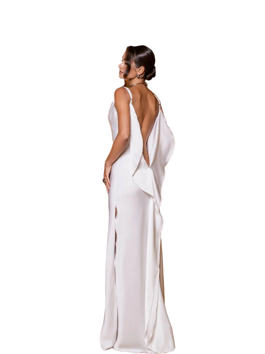 Ivory Royal Satin Backless Evening Dress Draped Train