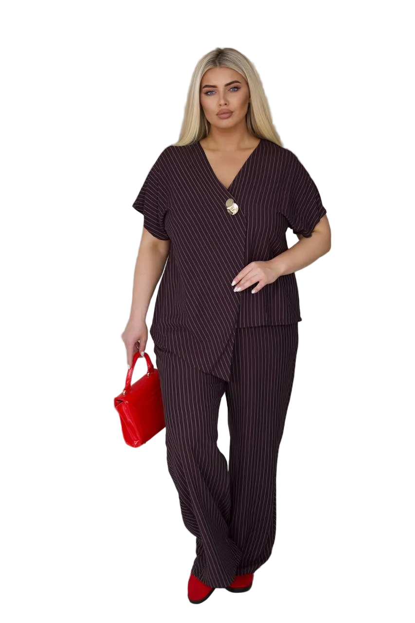 Burgundy Pinstripe Linen Two Piece Suit Women Plus Size