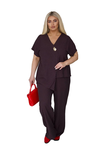 Burgundy Pinstripe Linen Two Piece Suit Women Plus Size
