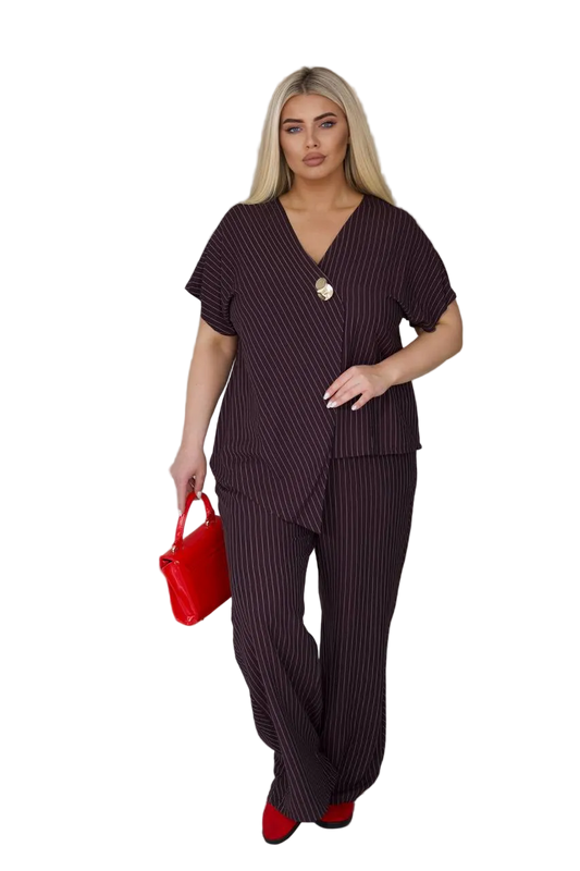 Burgundy Pinstripe Linen Two Piece Suit Women Plus Size