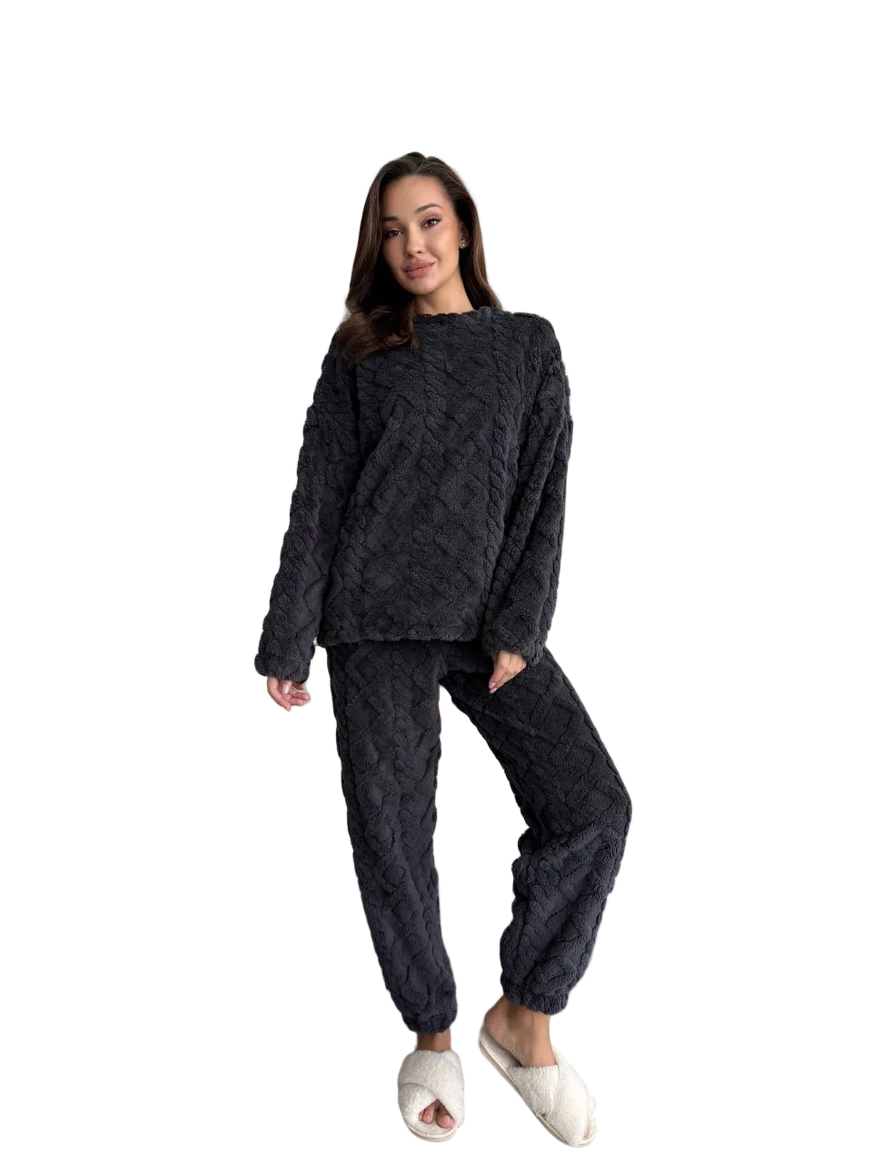 Black Double Sided Terry Pajama Set Womens Cozy Loungewear