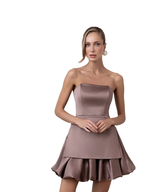 Taupe Mango Satin Peplum Top and Skirt Suit Strapless Cocktail Dress