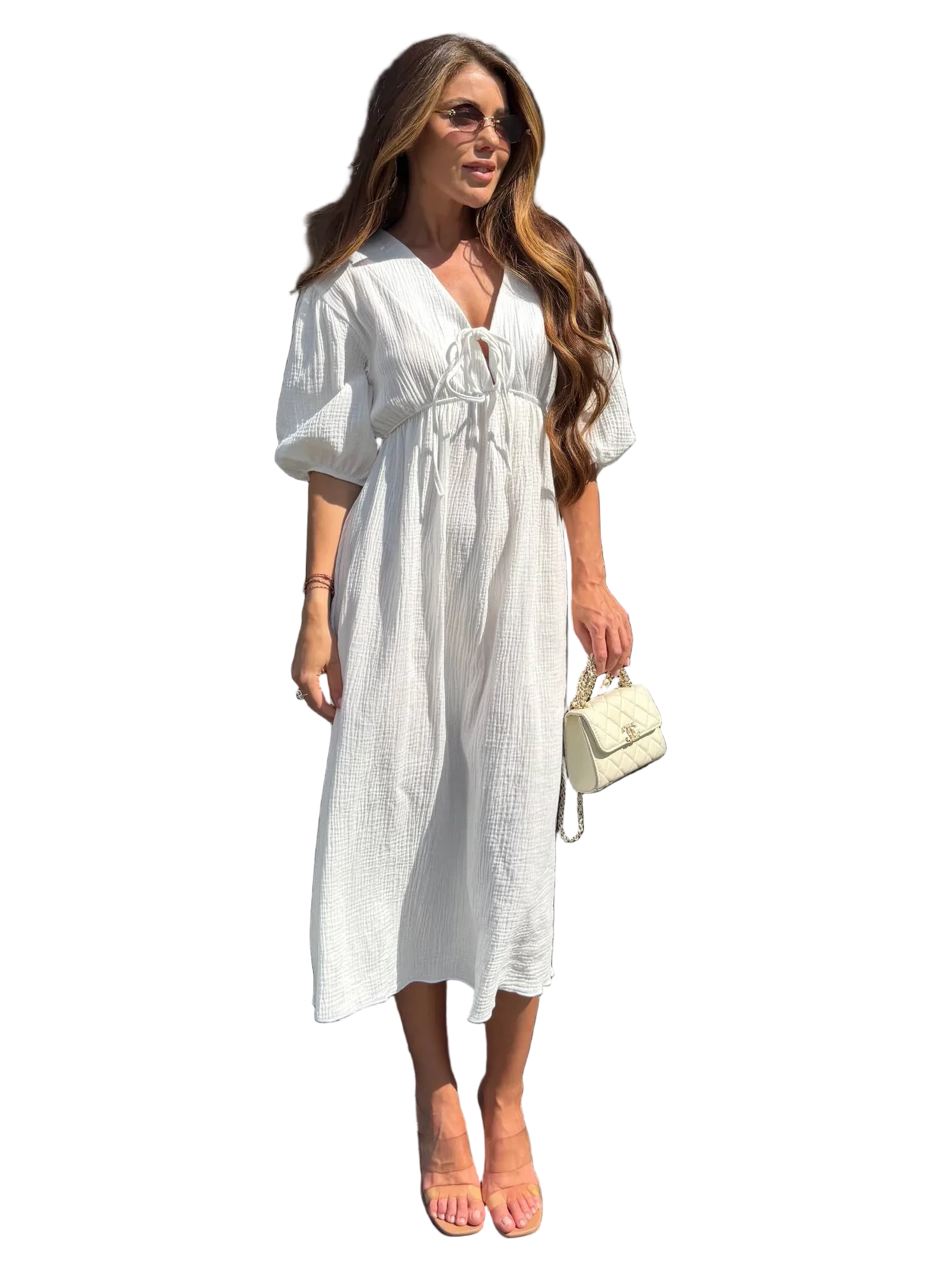 White Muslin Midi Dress Puff Sleeve Tie Neck High Waist Summer Dress