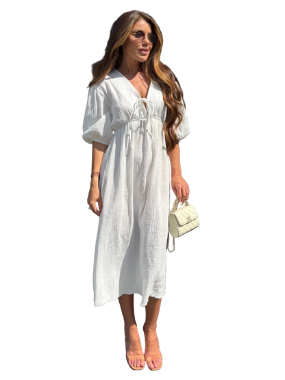 White Muslin Midi Dress Puff Sleeve Tie Neck High Waist Summer Dress