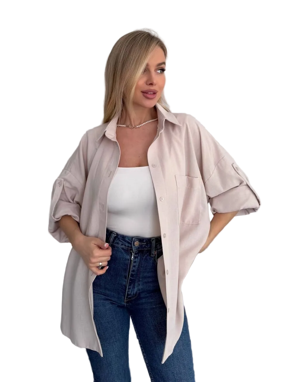 Linen Oversized Womens Shirt Light Beige Roll Sleeve Casual Tunic