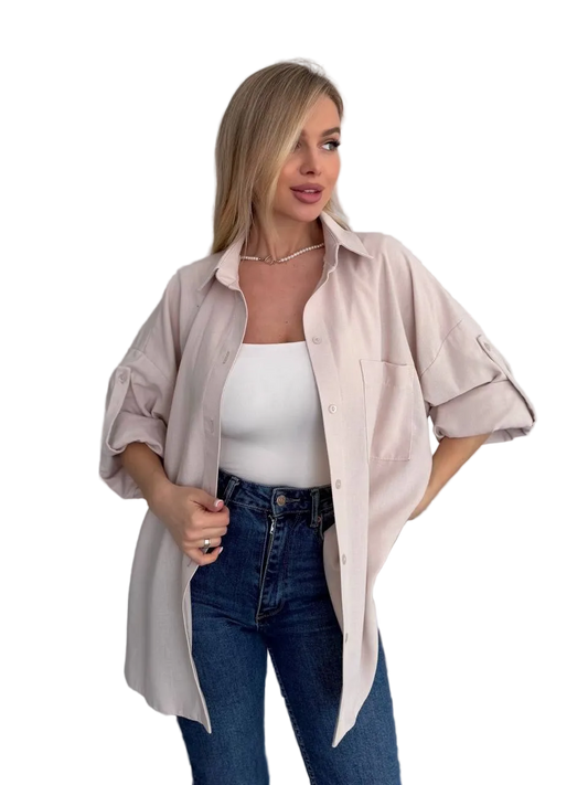 Linen Oversized Womens Shirt Light Beige Roll Sleeve Casual Tunic