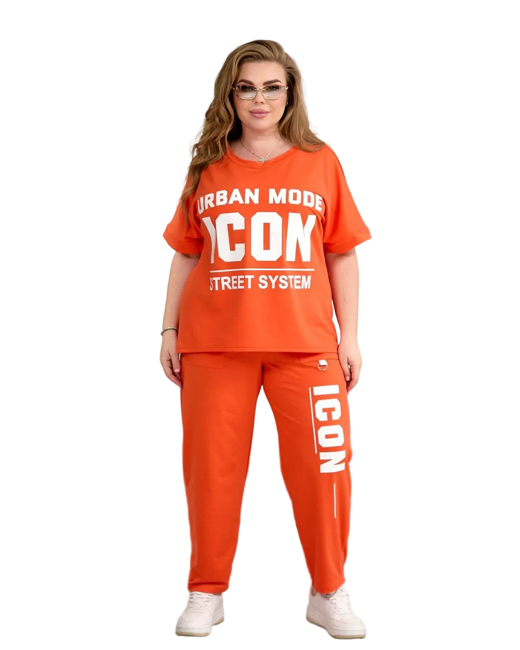 Orange Plus Size Tracksuit Women ICON Print Streetwear Two Piece Sports Set